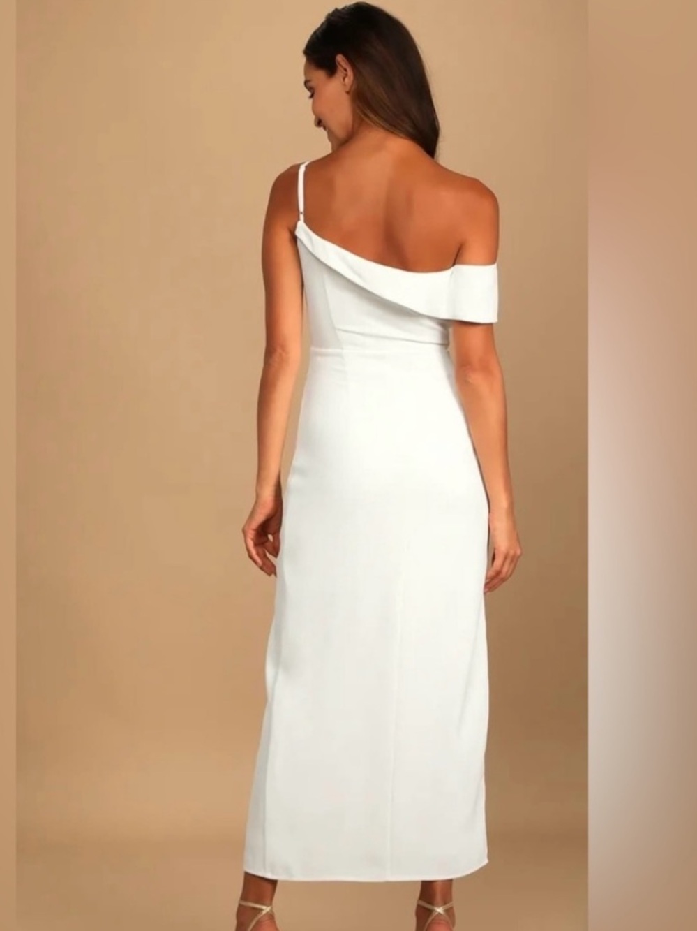 Lulu's White One Shoulder Side Pleated High Side Slit Dress Sz S NWT - Picture 2 of 16